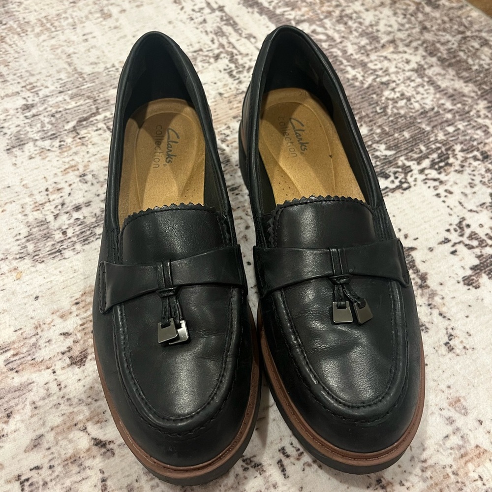 Clarks Black and Brown Penny Loafers with Chunky Sole